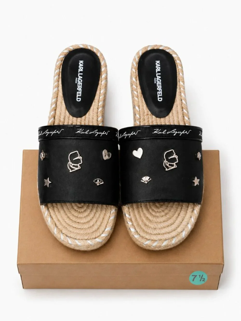 Karl Lagerfeld Paris Tulia Black Espadrille Slide Sandals Charms Womens 7.5 NEW